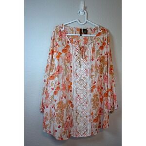 New Directions Woman Floral Crochet Lace Trim Peasant Blouse Orange Pink‎ 2X
